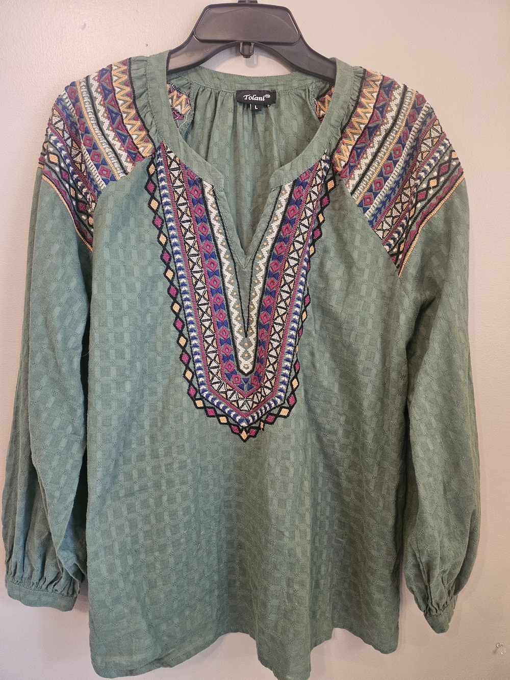 Tolani Bohemian Sage Green Embroidered V-Neck Tunic